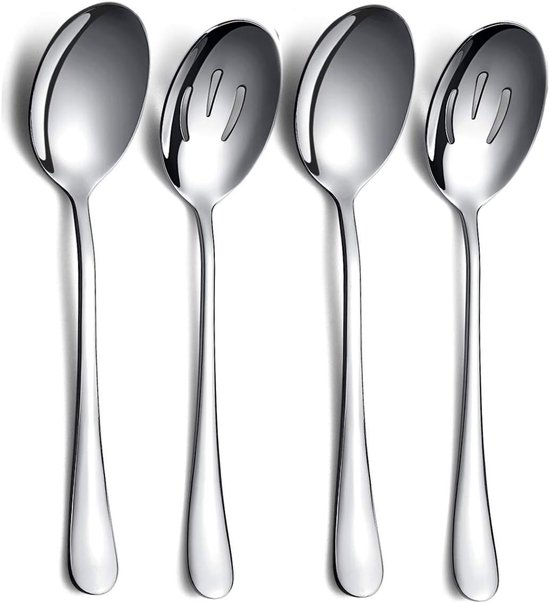 Spoons - 4-piece set - Stainless steel salad spoons - Includes 2 serving spoons and 2 skimmers - Suitable for desserts and coffee