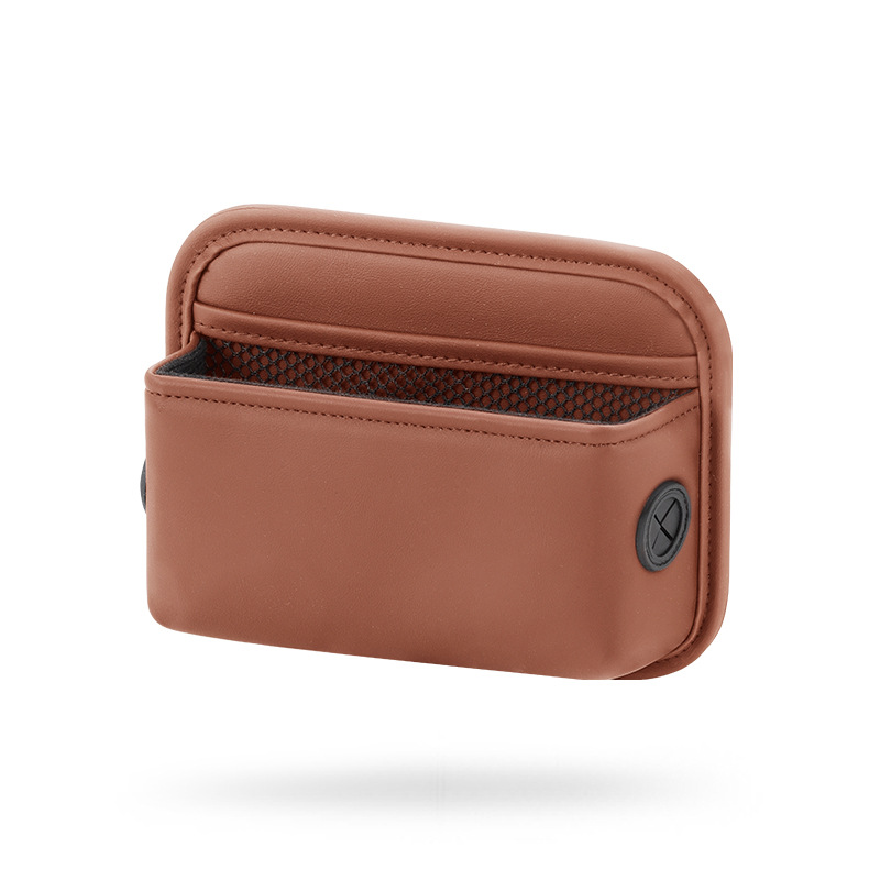 Brown PU Leather Car Storage Organizer with Dual Charging Holes and Inner Mesh Pocket, Multi-functional Door Handle Hanging Bag for Phones and Accessories