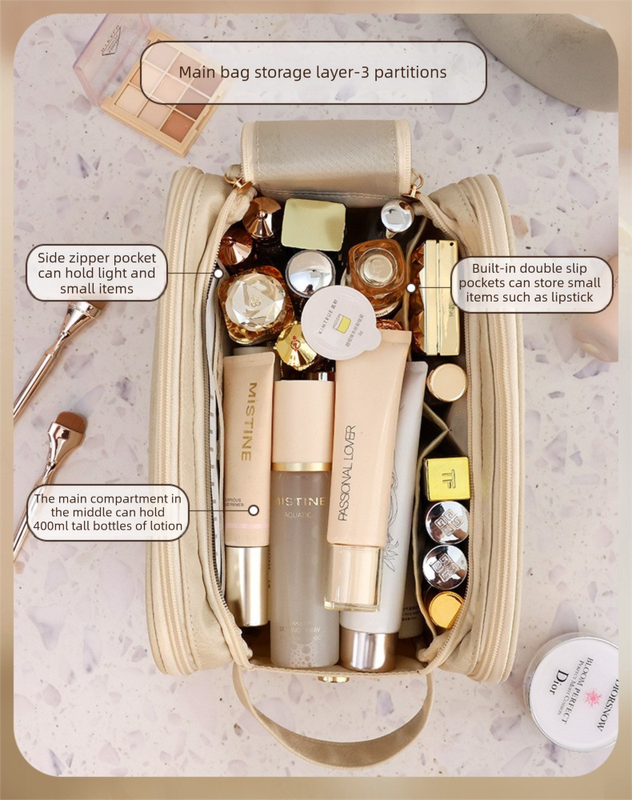 Luxury Black Large Capacity Makeup Bag – 3-Layer Double Zipper Travel Toiletry Organizer with Waterproof TPU Brush Holders — image 2