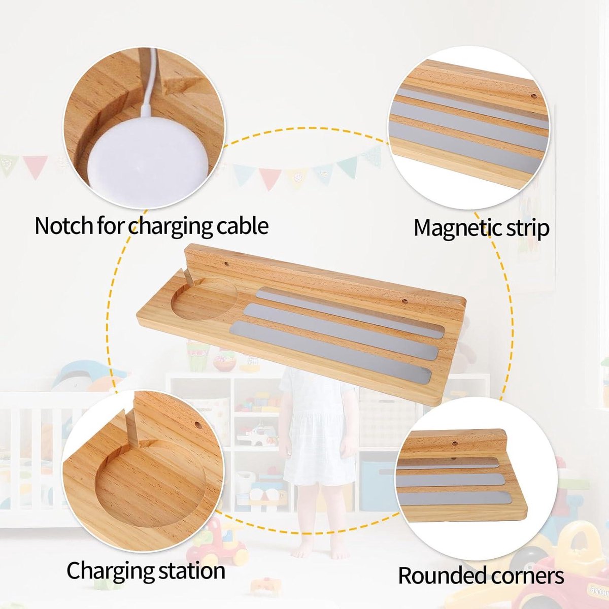 Wooden magnetic shelf for toy figures - wall mount with floating display - 1-tier organizer for children's room with charging station - storage accessories — image 2