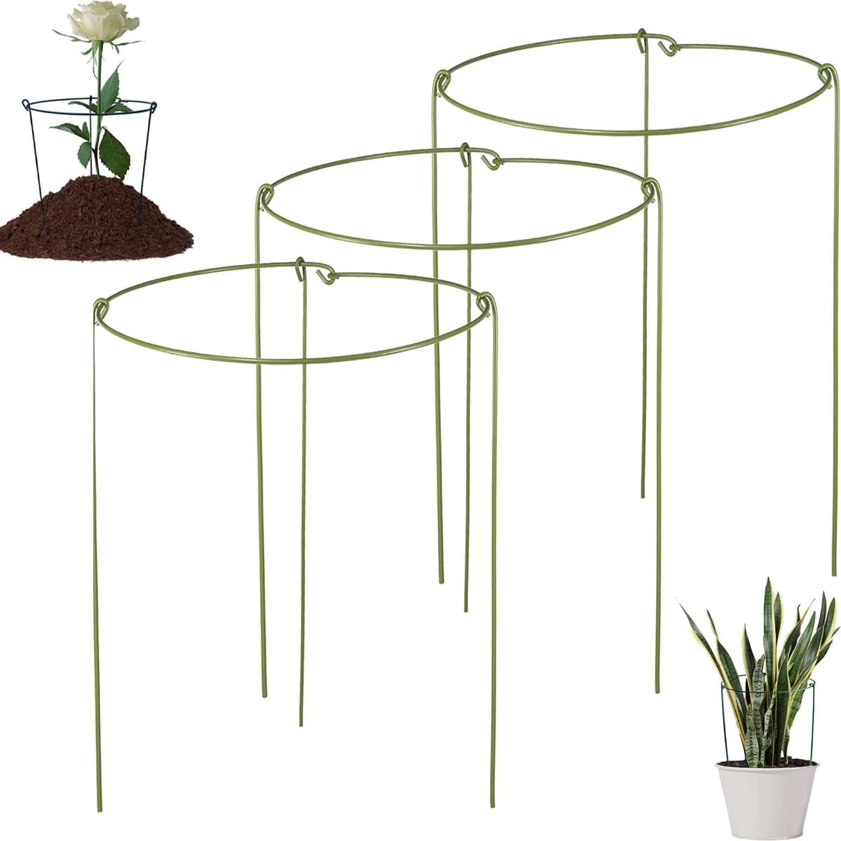 3 Pcs Garden Plant Support Rings for Potted Plant,9 × 11in Round Metal Plant Stakes Rings,Garden Plant Support Brace,Peony Cages Support Stakes Ring,Plant