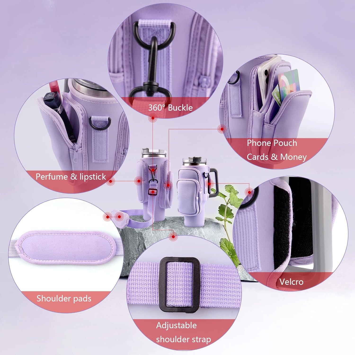 40oz Purple Insulated Tumbler Carrier Sleeve with Adjustable Shoulder Strap - Neoprene Triple-Pocket Holder for Outdoor and Car Use — image 4