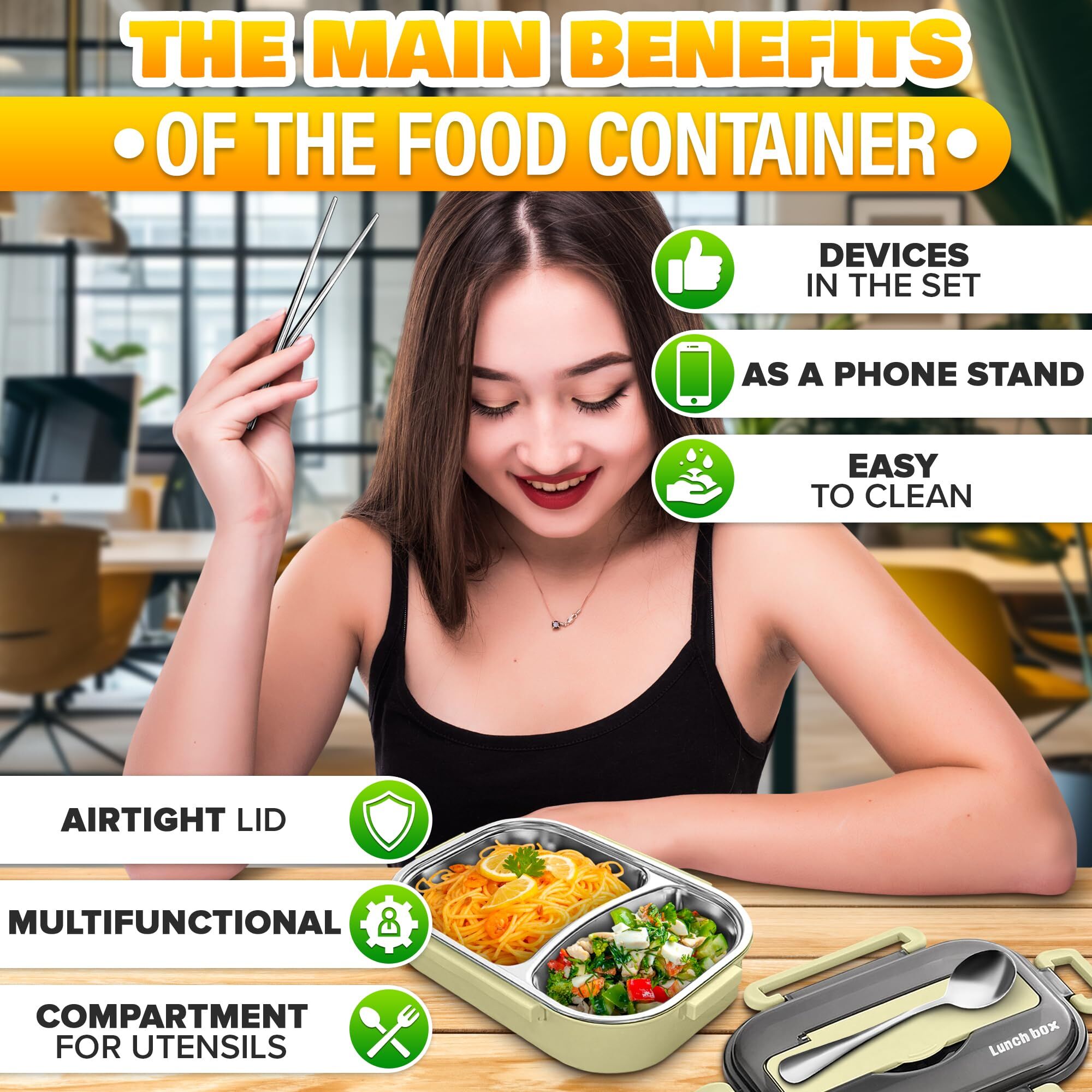 Stainless Steel Bento Lunch Box with Dual Compartments & Utensils – Microwave & Dishwasher Safe for Adults (Green) — image 4
