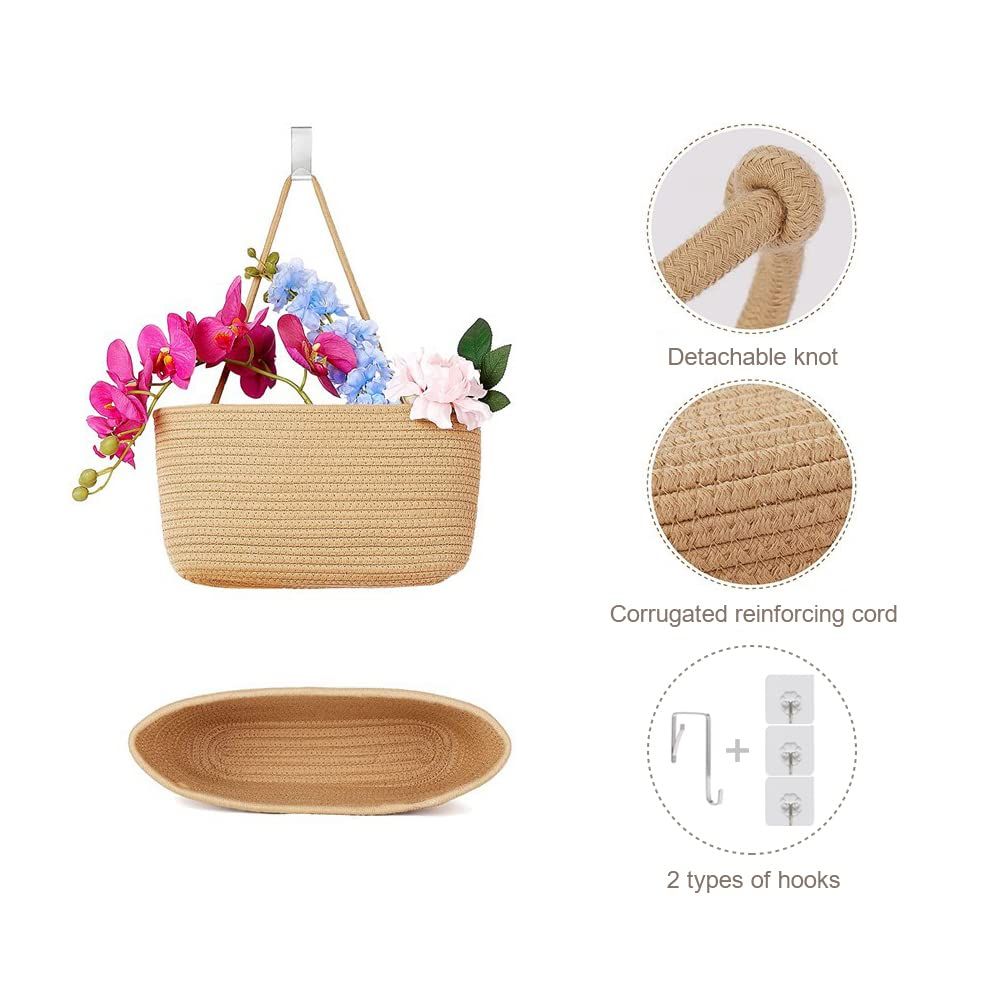 Over the Door Hanging Basket, 3-Tier Woven Cotton Wall-Mounted Storage Organizer Bag Decorative Hanging Kitchen Baskets - Jute — image 4