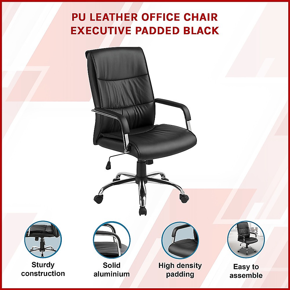 PU Leather Office Chair – Ergonomic Executive Swivel Desk Chair with Padded Seat in Black — image 3