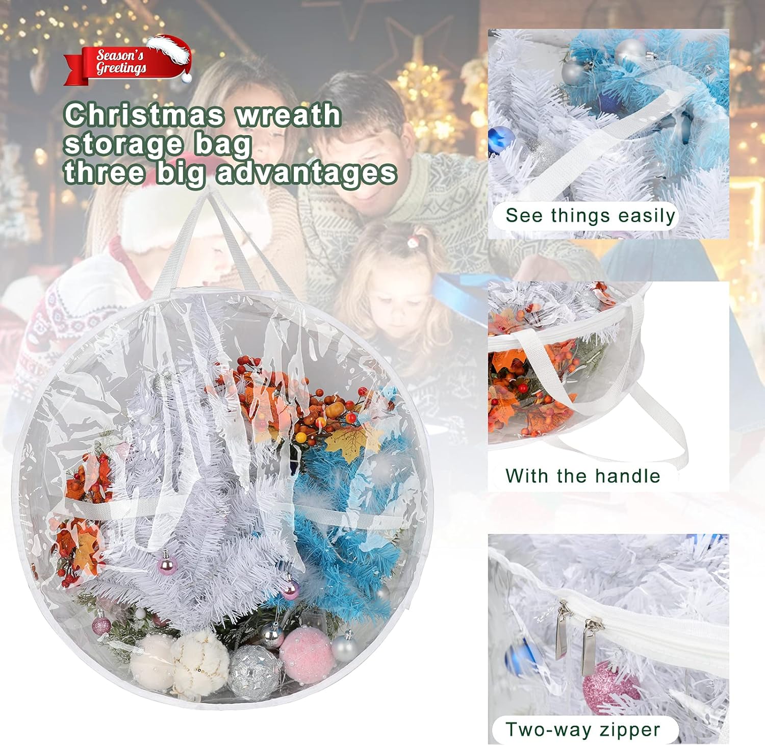 2Pcs Christmas Wreath Storage Container 20 Inch Clear Wreath Storage Bags Round Durable Wreath Bags Clear Everyday Bag with Dual Zippers and Sturdy Handles for — image 4