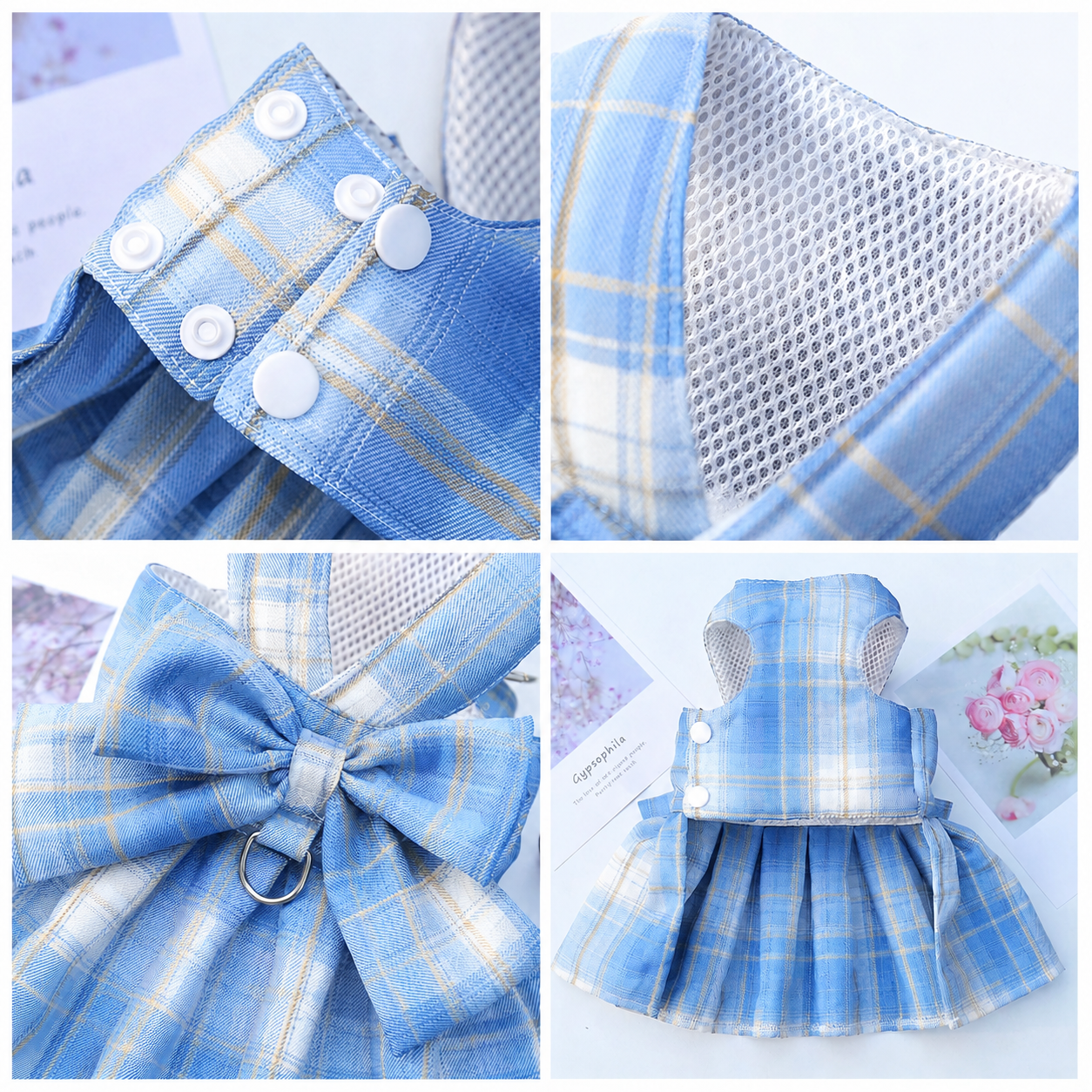 Blue Plaid Pet Harness Dress with Leash for Small Dogs and Cats XXL Size Bow Design Vest Outfit Walking Accessory — image 3