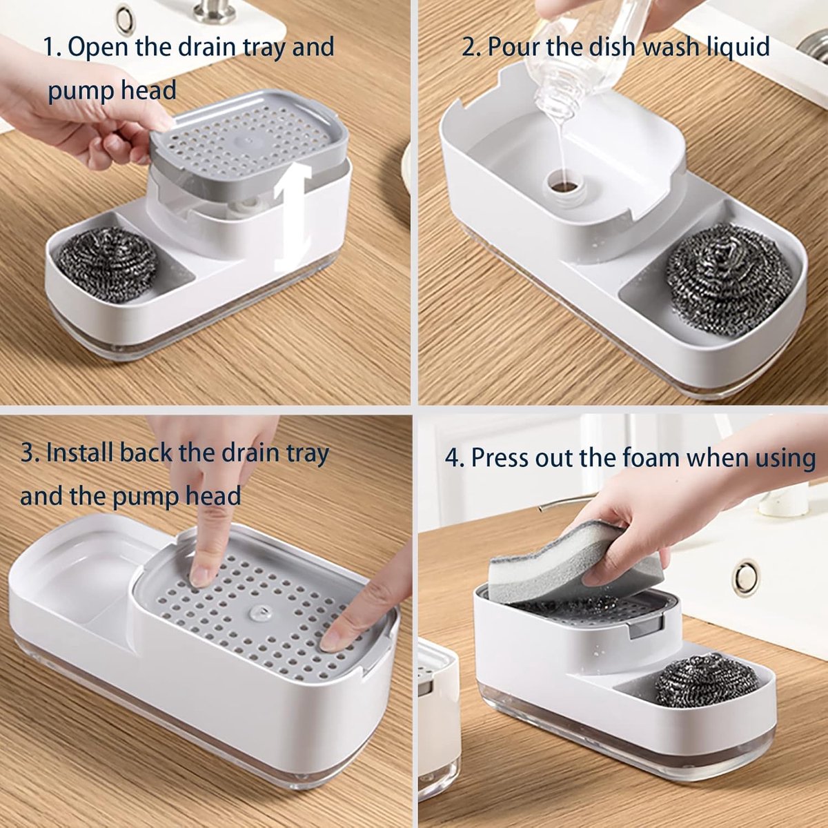 Soap Pump - 2 In 1 - Sponge Holder - Soap Dispenser - Drying Rack - Includes Sponge - ABS - Countertop - Push-Type - Kitchen Accessory - Sink - Gadgets - Sink — image 2