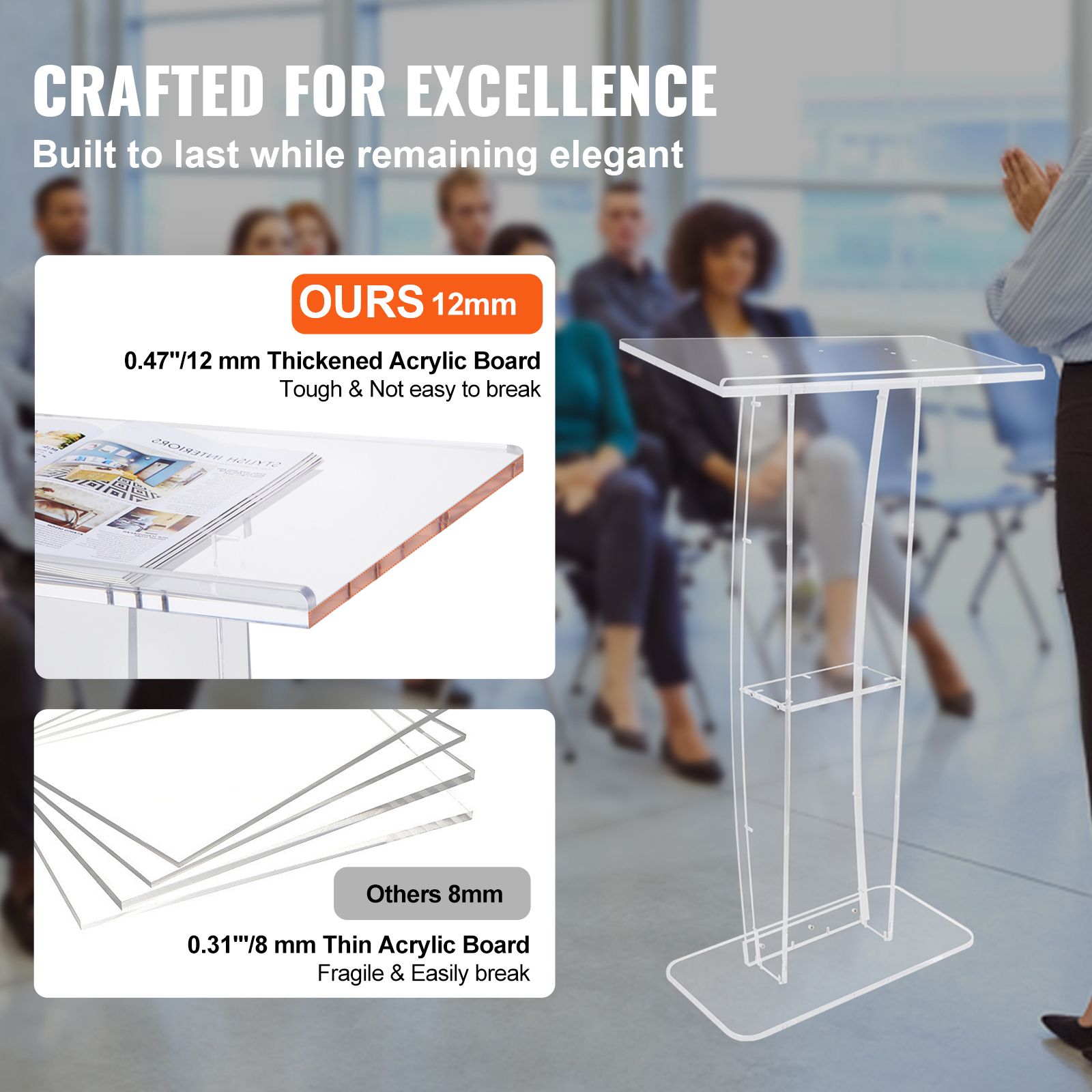 Acrylic Podium, 47" Tall, Clear Acrylic Podium Stand with Wide Reading Surface & Storage Shelf, Floor-standing Clear Pulpits Acrylic for Church Office School โ image 4