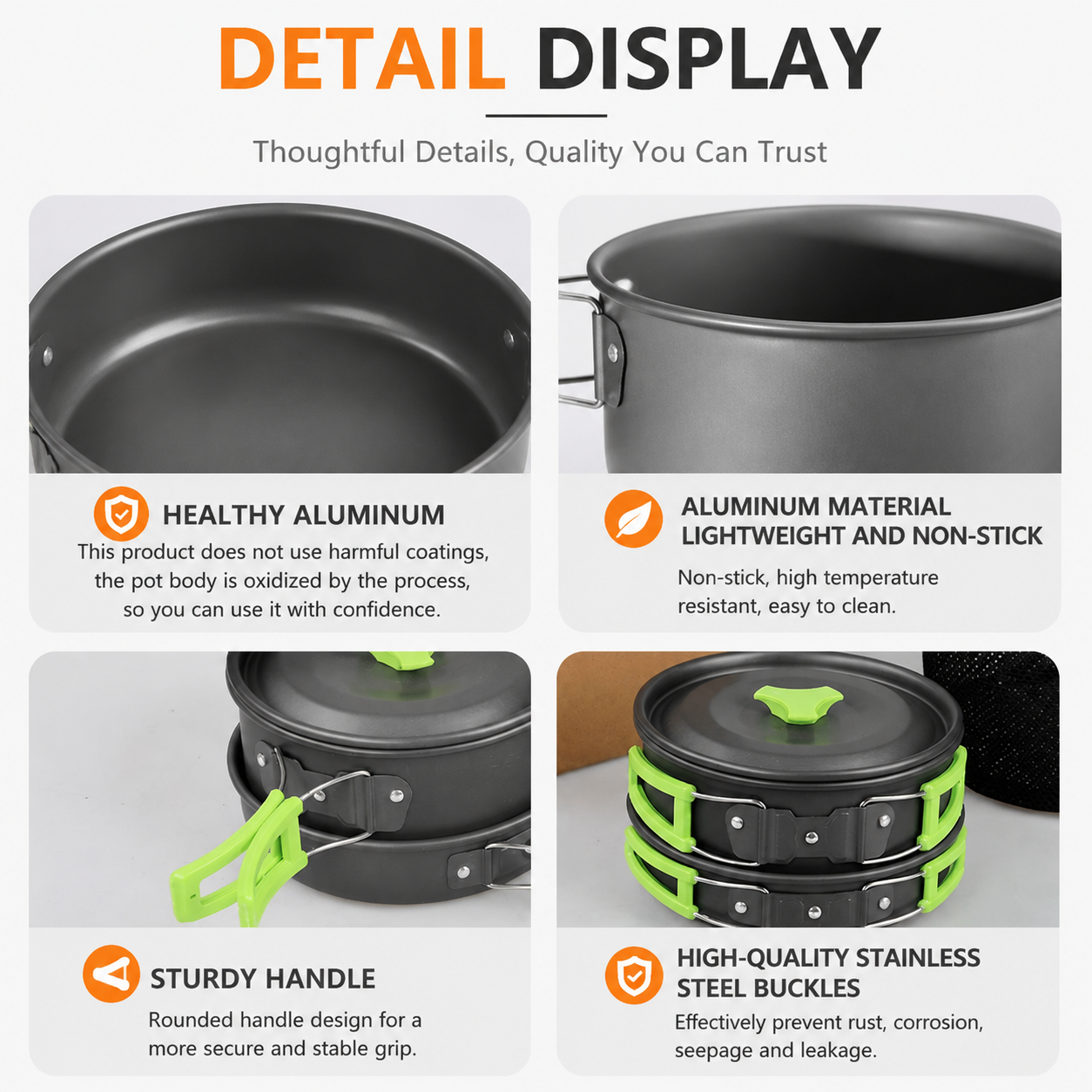 Green Camping Cookware Set for 2–3 People – Portable Outdoor Cooking Pot, Frying Pan & 1.1L Kettle Kit with Stainless Steel Plates, Cups & Cutlery, Lightweight — image 6