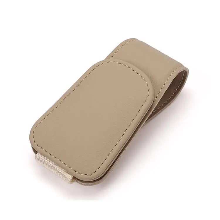 2 Pcs Beige PU Leather Car Visor Sunglasses Holder - Multi-Functional Clip for Glasses, Cards & Tickets, 9.5 × 4.5cm