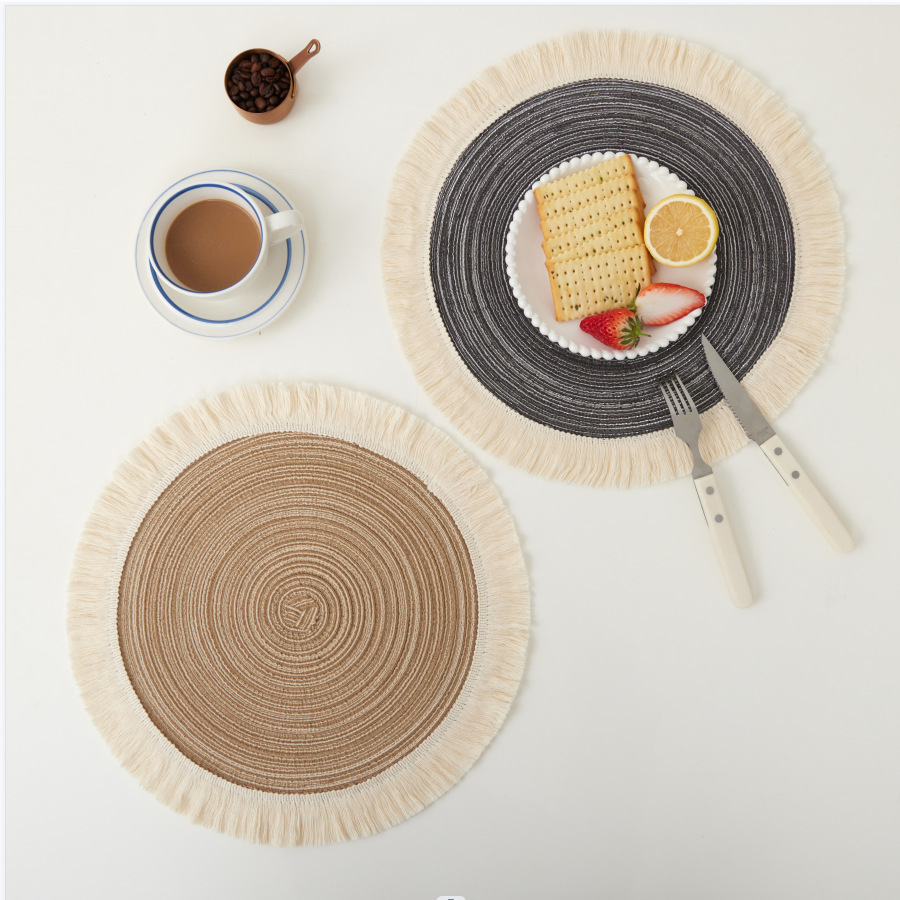 Grey Chic Round Woven Placemats with Tassel Fringe - Set of 4, Cotton Ramie Blend, Heat Resistant Table Mats — image 4