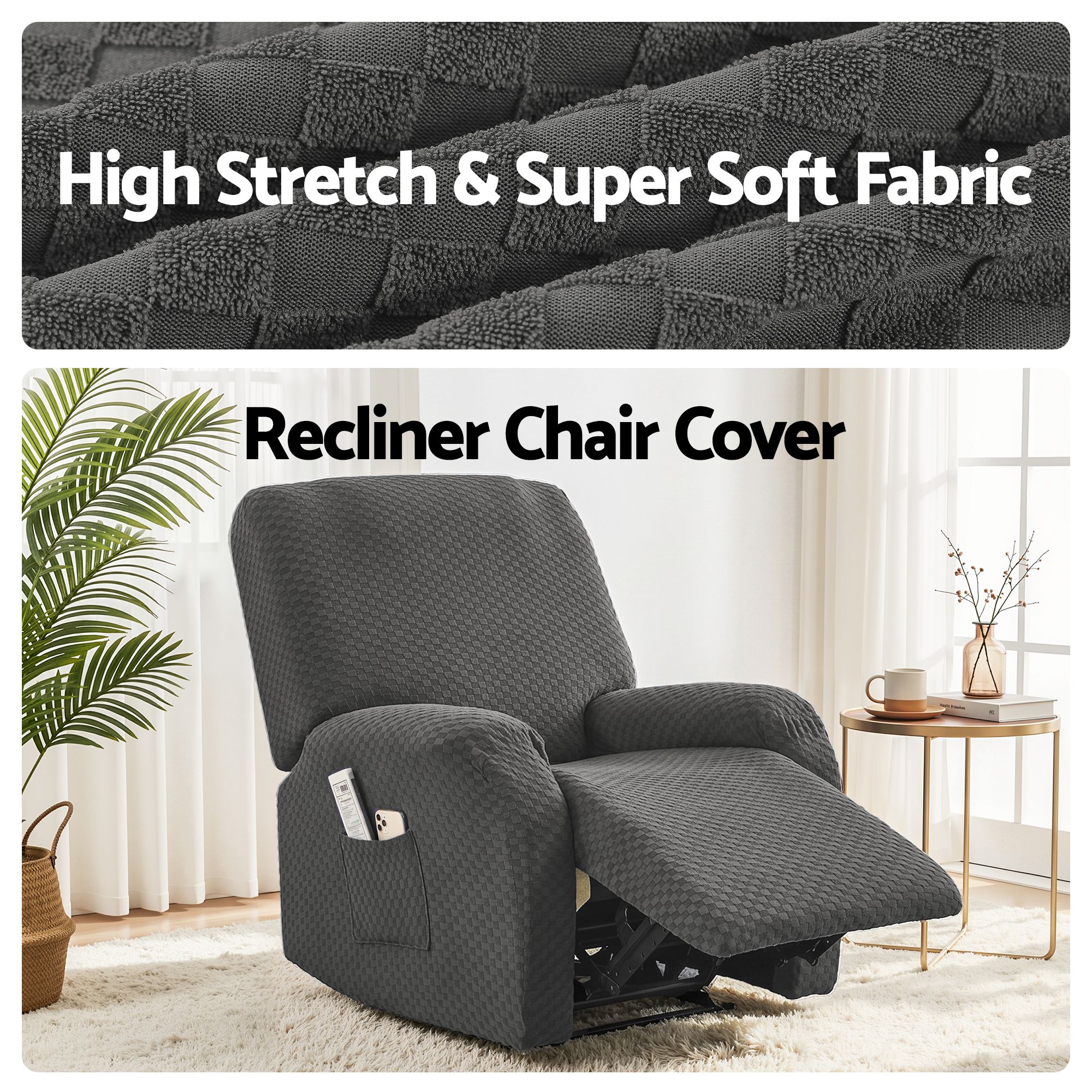 Artiss Recliner Chair Covers with Storage Side Pockets Grey Fabric — image 5