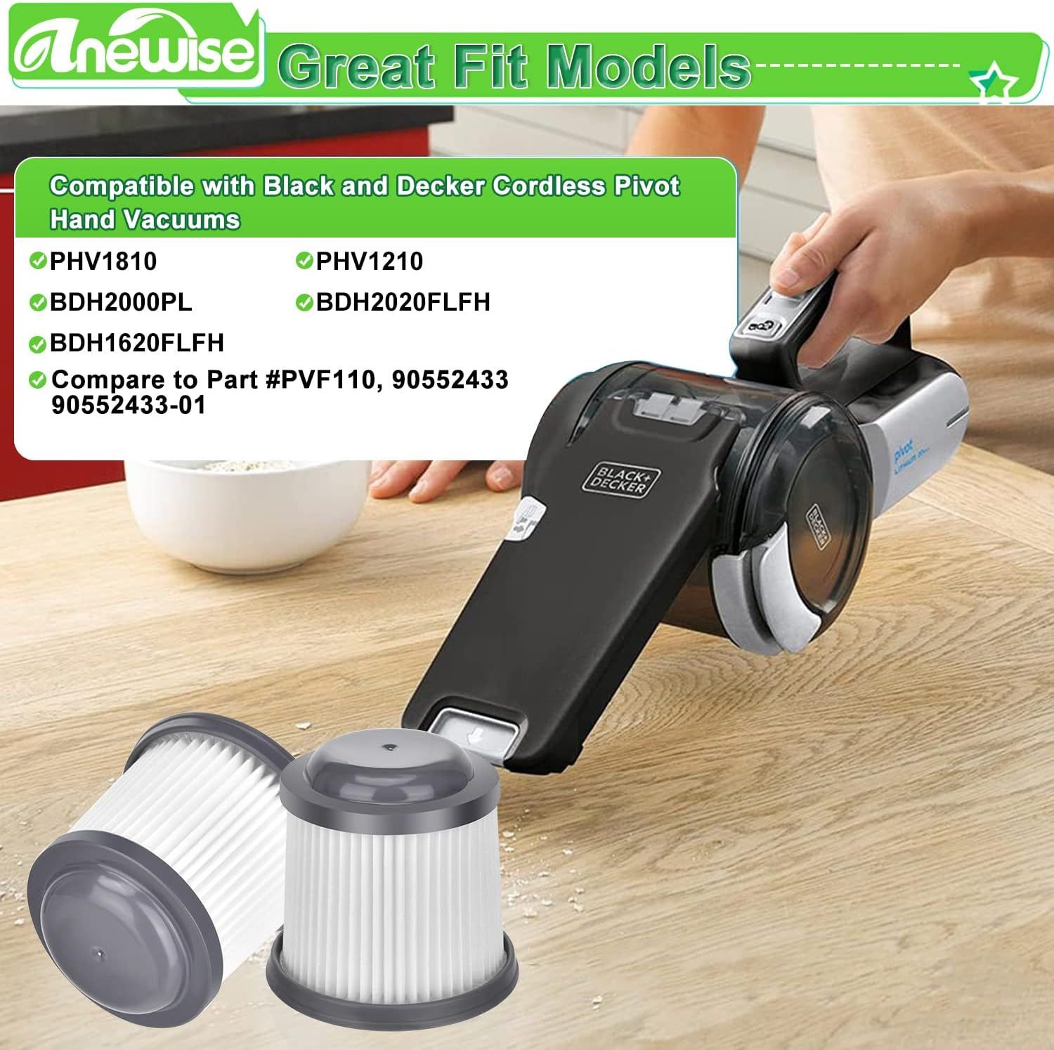 PV110 ilter Replacement or Black and Decker Pivot Vac PHV1810 BDH2000PL PHV1210 PHV1410 BDH2020LH BDH1620LH Handheld Vacuum, Part # PV110, 4 Pack PV110 HEPA — image 3