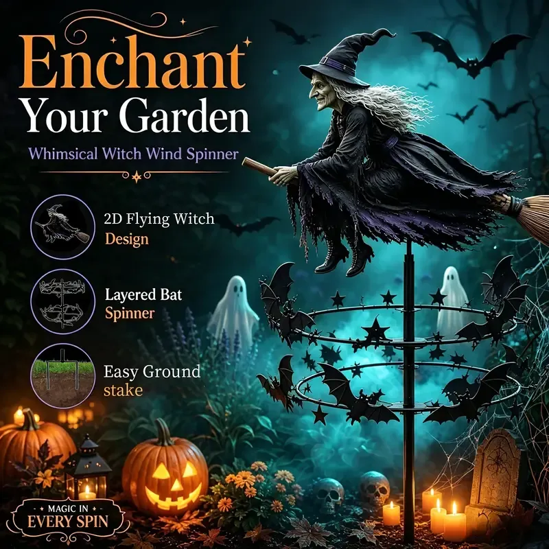 π§βοΈ Halloween Flying Witch Broomstick Windmill Lawn Stake, featuring a double-layer bat spinning design. The ultimate yard decoration β magic comes alive with