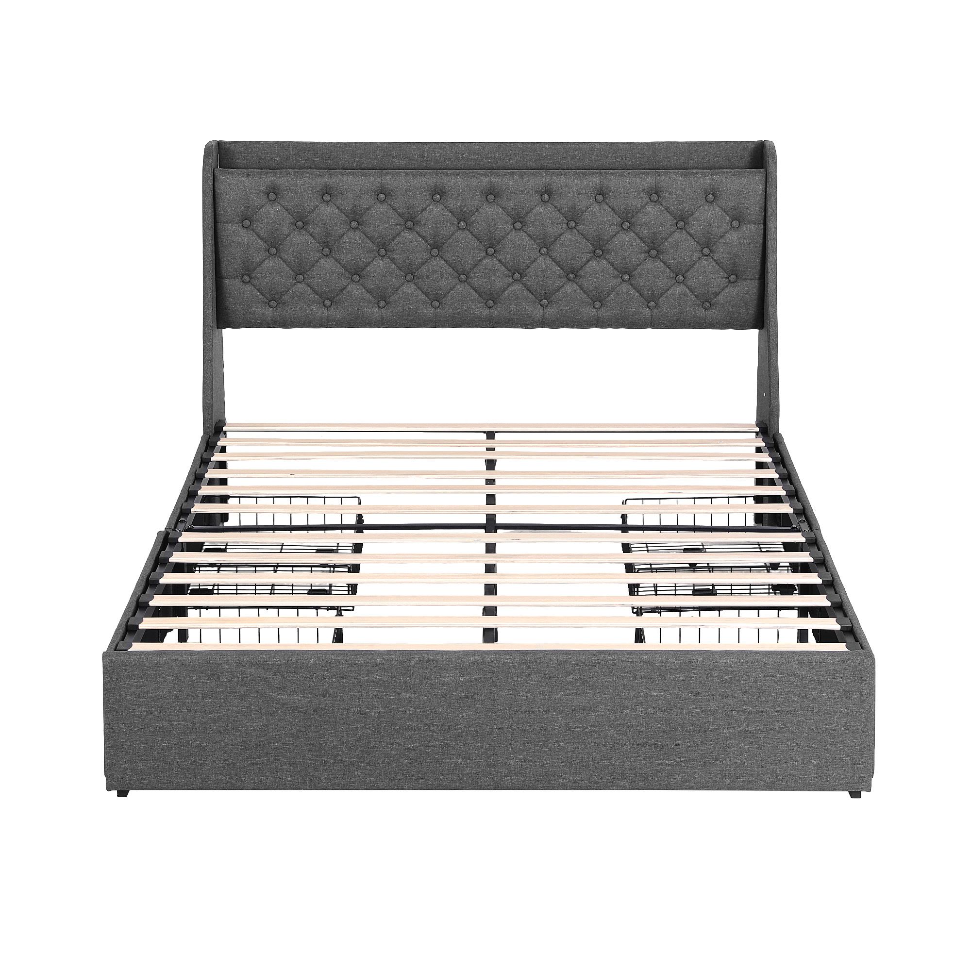 Artiss Queen Bed Frame with 4 Storage Drawers and Charging Station Tufted Wingback Headboard 300kg Loads Charcoal Grey โ image 3