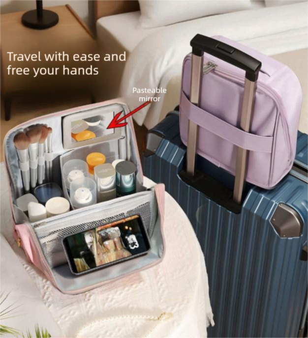 Black Magnetic Compartmentalized Standing Cosmetic Bag – Large Capacity with Mirror, Travel Makeup Organizer (26×10×26 cm) — image 2