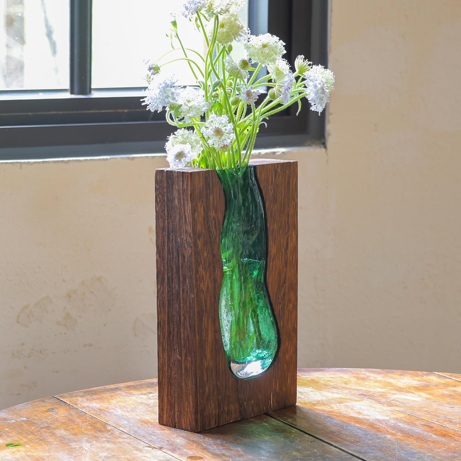 Vase with inlaid wood and glass - Rustic style wood and glass vase - Solid wood and glass vase - Vase for home decor - Table decoration (9.45 inches) — image 4