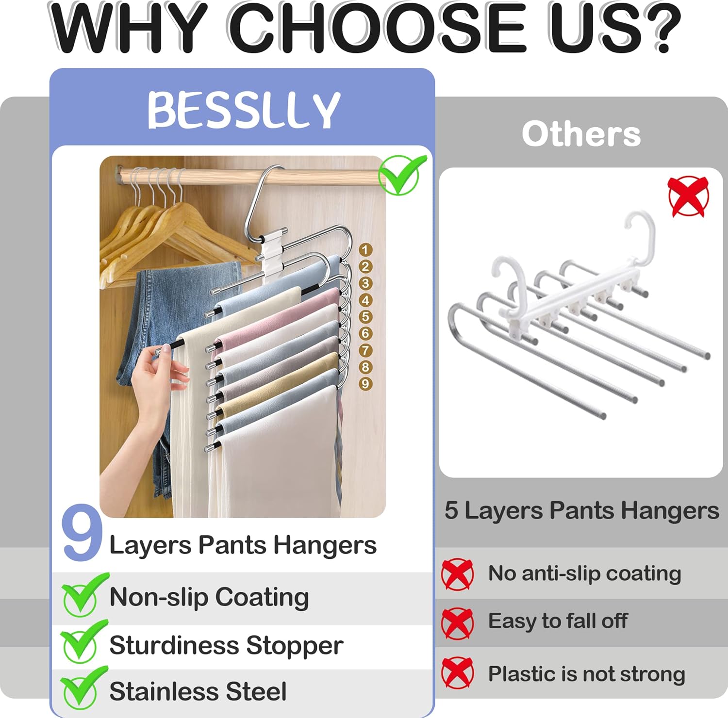 9 Layers Pants Hangers Space Saving, 2 Pack Multifunctional Pant Rack Stainless Steel Closet Organizer for Pants Jeans Leggings Troers, Antiquewhite — image 2