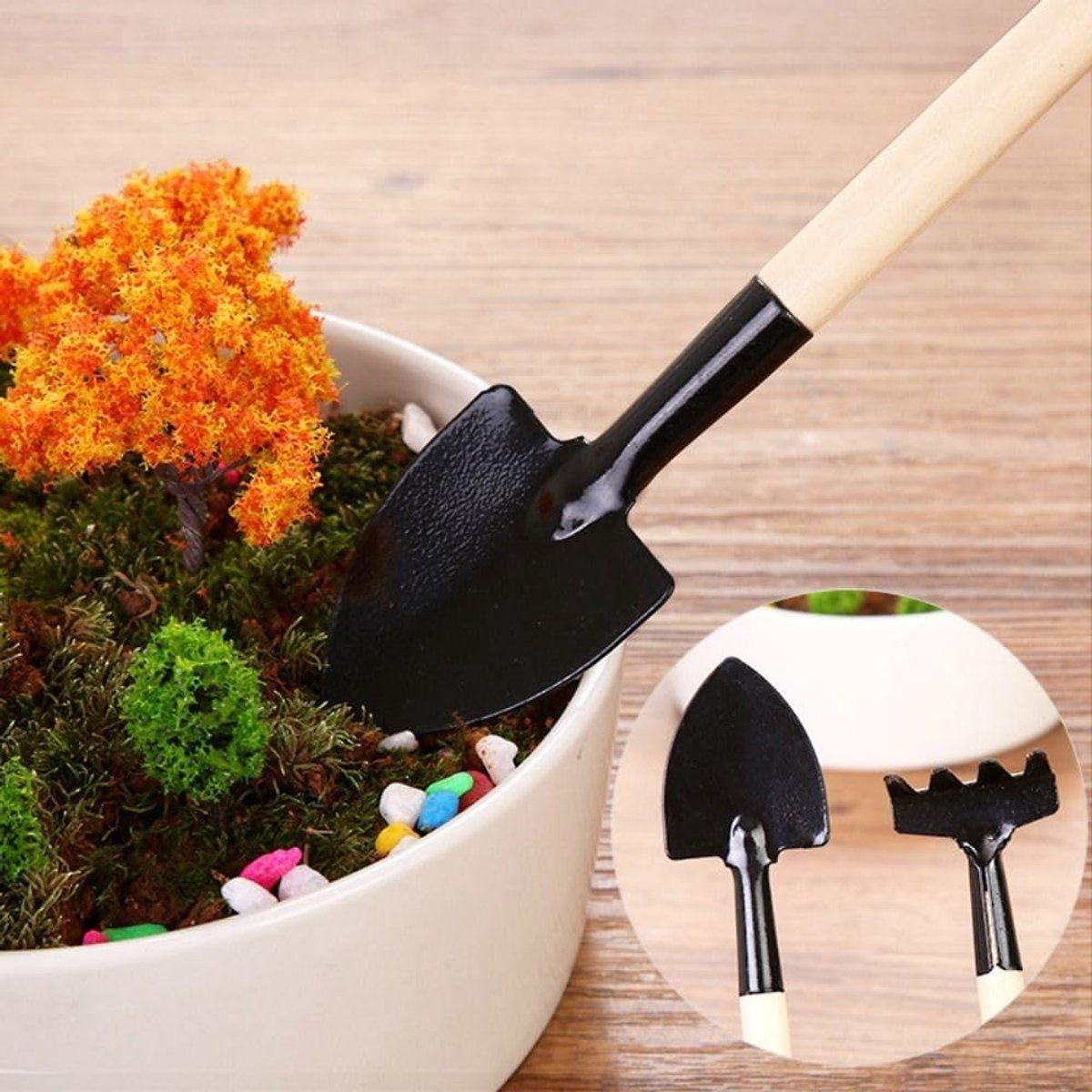 3-Piece Garden Tool Set - Wooden Handle Design - Garden Trowel, Rake and Soil Shovel - For Pots and Plants — image 3