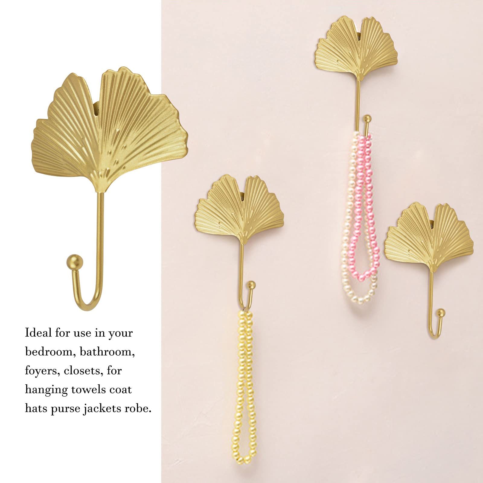 Decorative Leaves Iron Hooks, 4pcs Ginkgo Leaf Shape Wall Mounted Hooks Modern Key Holder Wall Mounted Gold Single Prong Hat — image 4