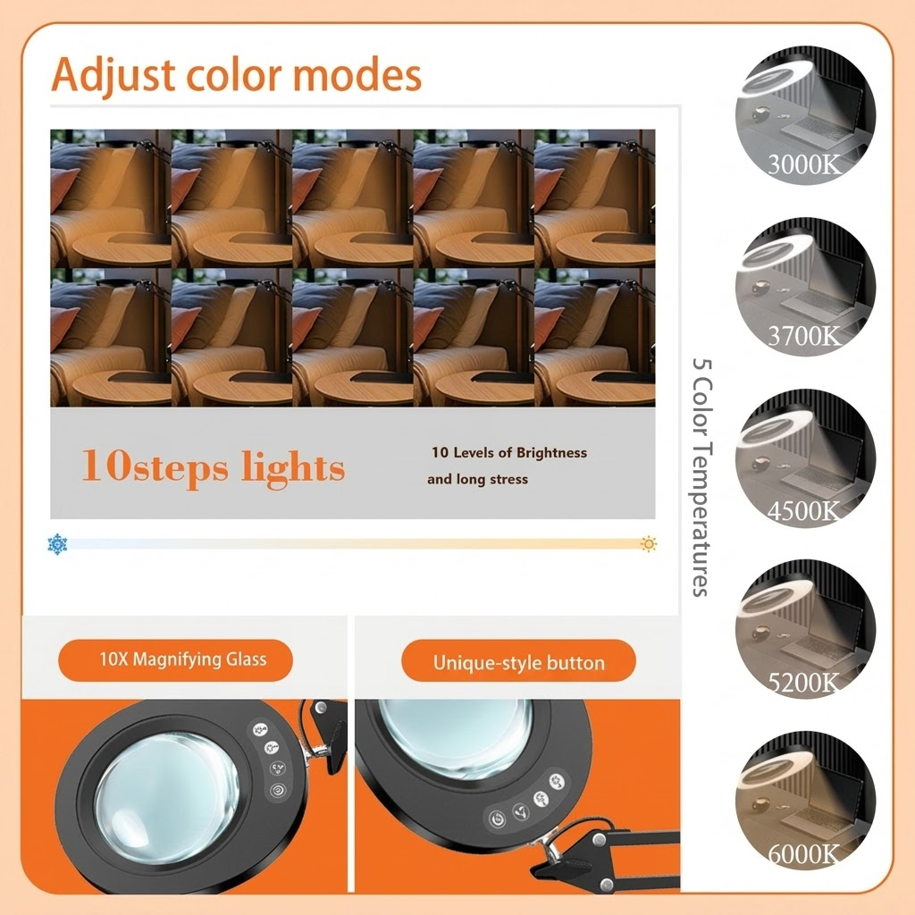 Professional 10X Magnifying Desk Lamp with Adjustable Swing Arm, 5 Color Modes & 10 Brightness Levels LED Light, Precision Repairs, Crafts — image 5