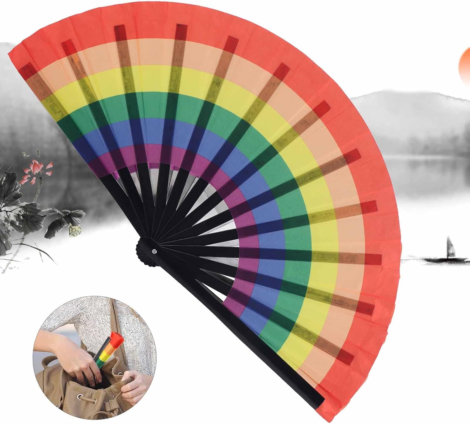 Hand Held Fan For Women Foldable,Chinese Vintage Silk Folding Fans,Large Fan,Chinese Tai Chi Fan,Portable Colorful Elegant Dancing Party Cloth Gift Decoration โ image 2