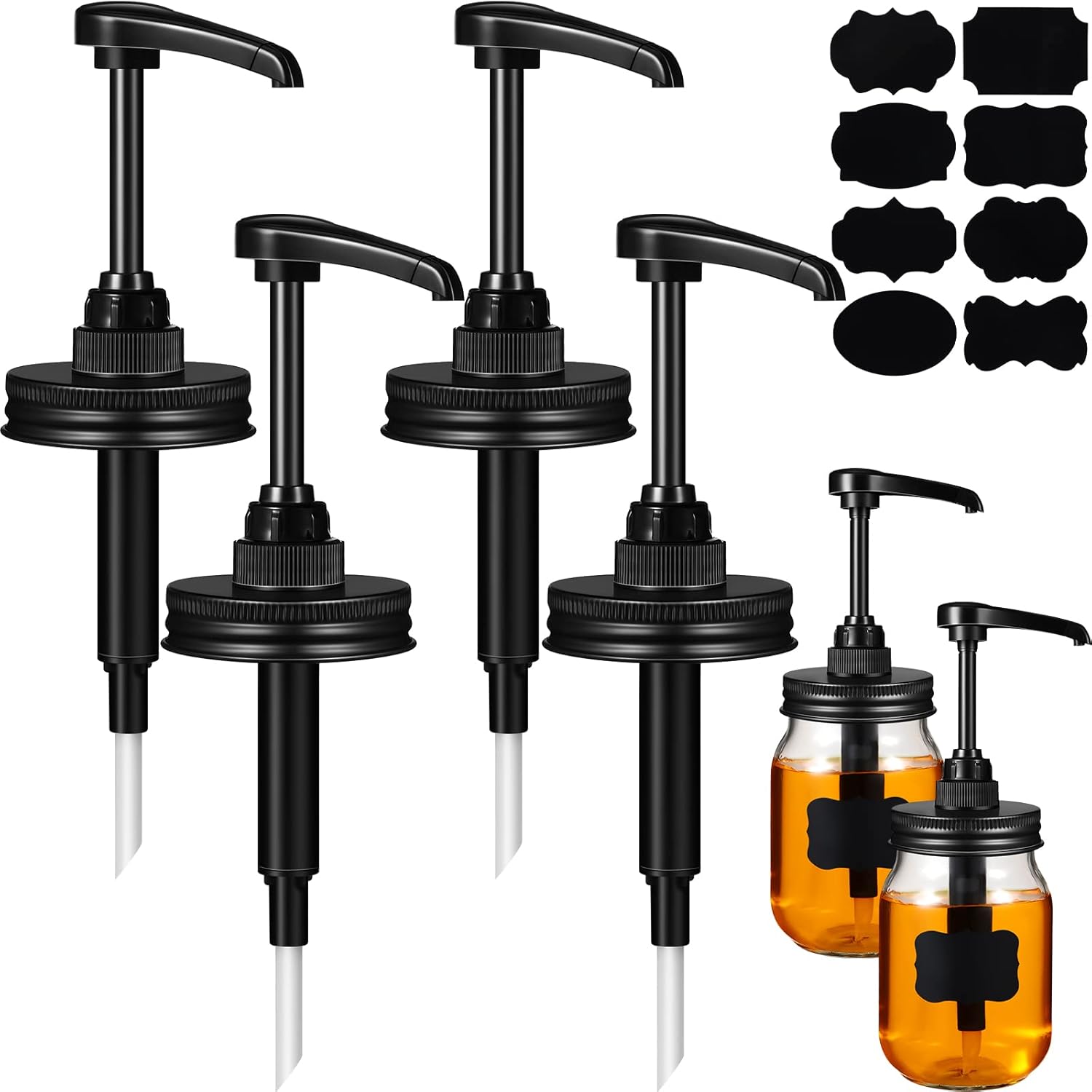 4 Pack Mason Canning Jar Syrup Dispenser Coffee Syrup Dispenser Pump Lids Set with Labels and Pen Honey Pump for 16 oz Regular Mouth Mason Canning