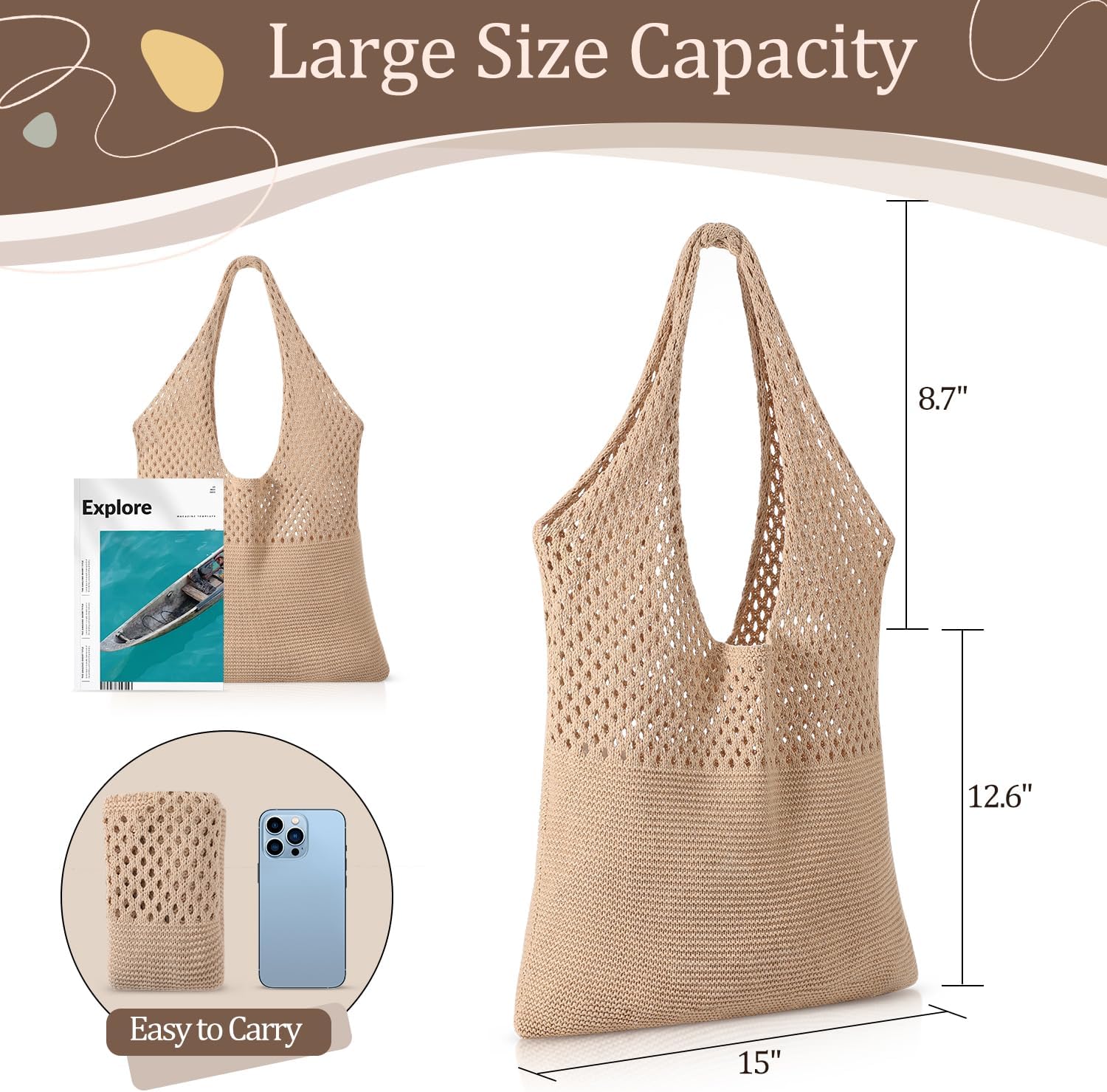Crochet Beach Tote Bags, Stylish Mesh Beach Bags Shoulder Bag for Women, Cute Summer Vacation Boho Tote Bag — image 4