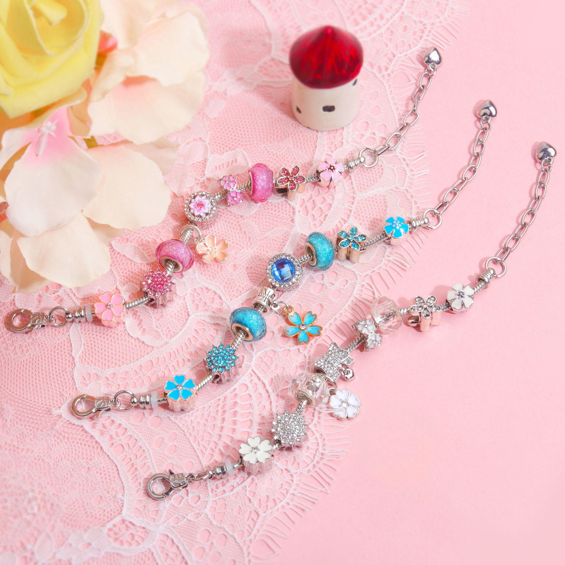 Blue Magnolia Alloy Bracelet with Rhinestones & Glaze Beads(21cm) — image 3