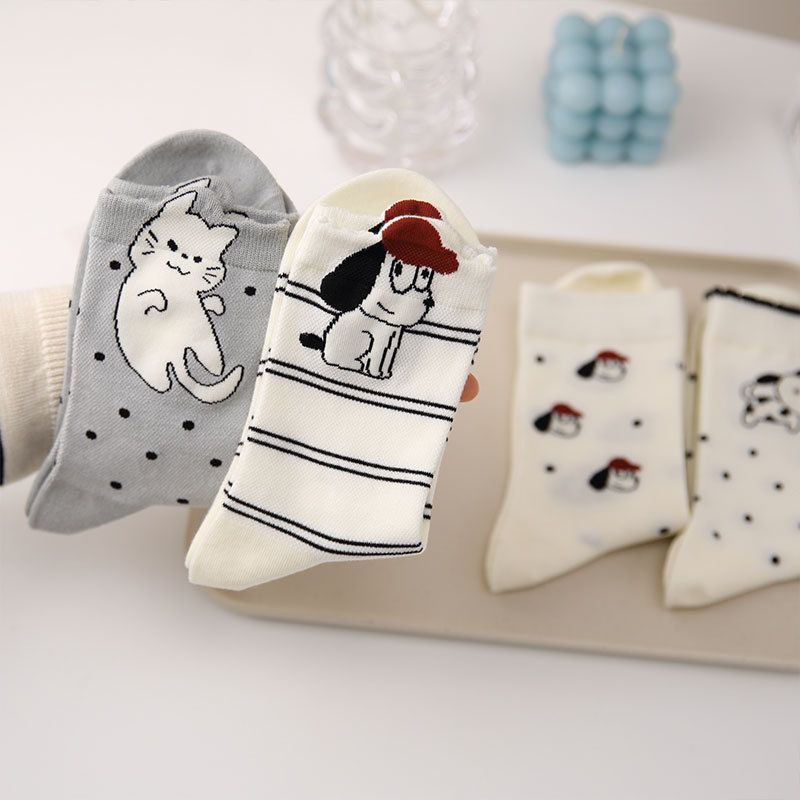 4 Pairs Women's Cartoon Animal Crew Socks (Striped puppy)- Lightweight Breathable Mid-Calf Cotton Socks for Spring Summer, Casual Everyday Wear and โ image 3