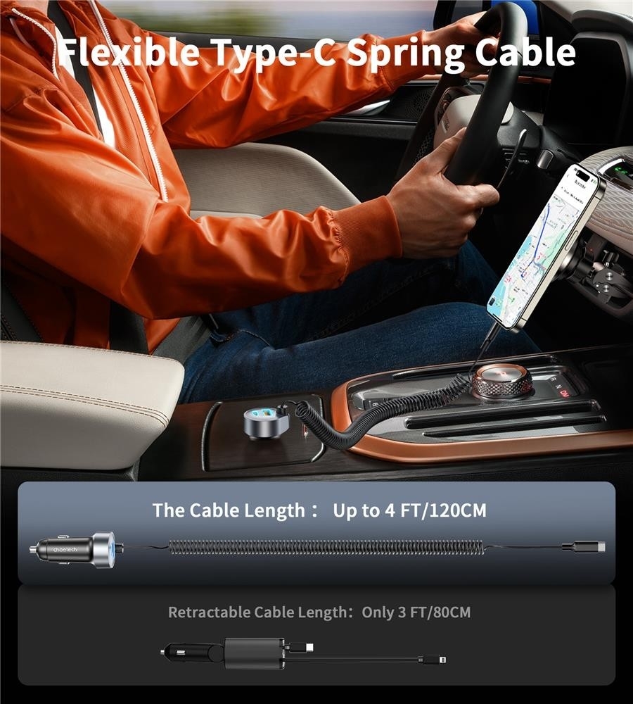 CHOETECH TC0030 65W 3-Port Fast Car Charger with 3.3ft Type-C Stretchable Cable — image 4