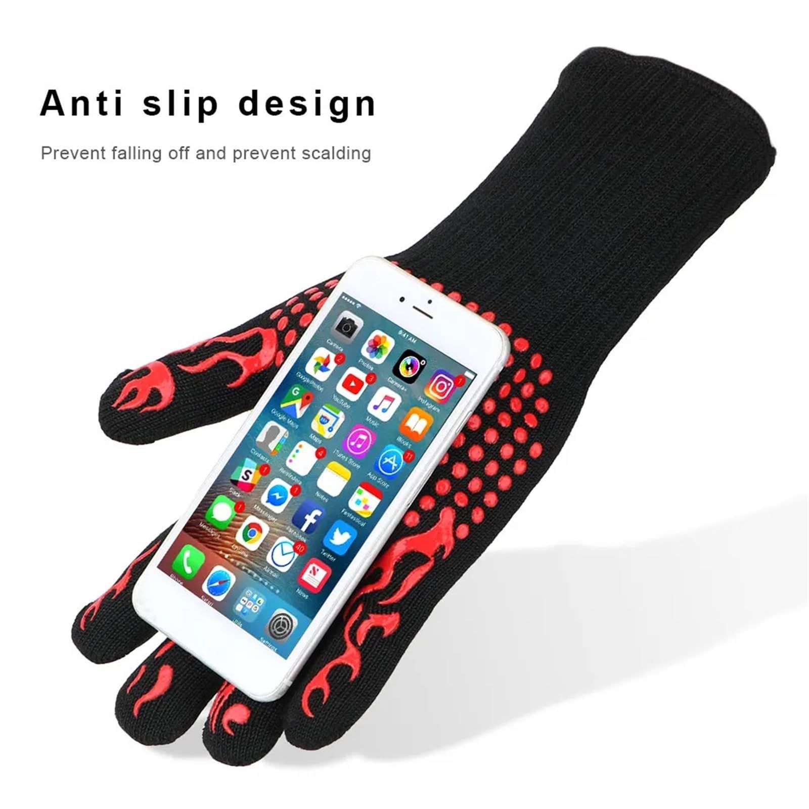 Non-Slip Fireproof Microwave Oven Extreme Heat Resistant Oven Flame Retardant BBQ Fire Gloves (Color: Red) โ image 4