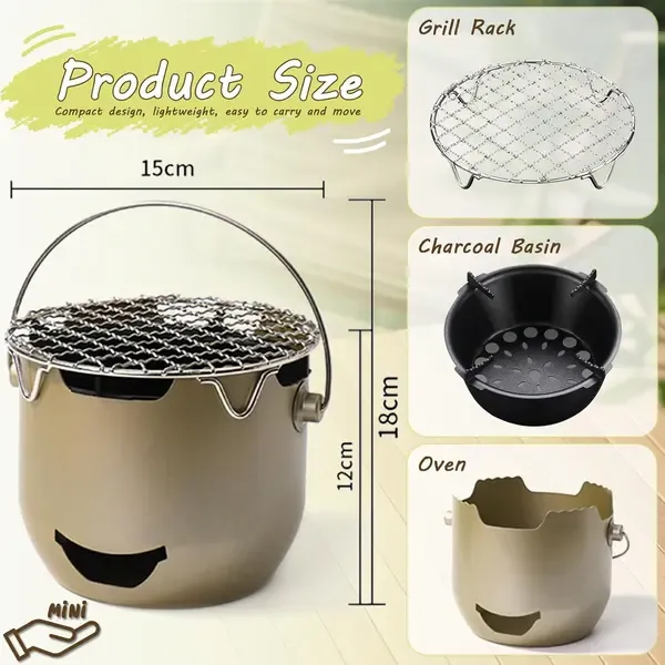 1 Piece Portable Charcoal Grill, 304 Stainless Steel Mini BBQ with Carry Handle for Camping and Picnics for 2-6 People, Silver โ image 2