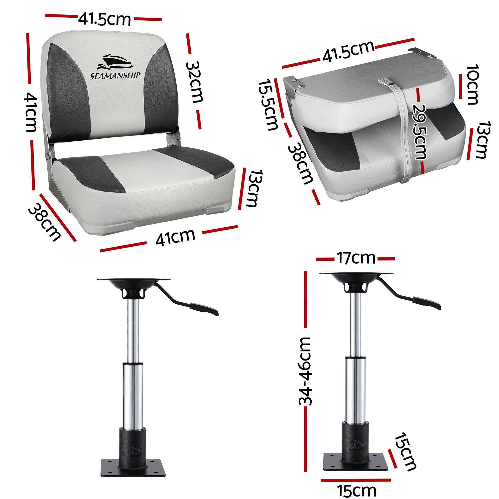 Seamanship 2X Folding Boat Seats with 2X Adjustable Pedestals 34–46cm Marine Swivel Low Back 13cm Padding Charcoal — image 2