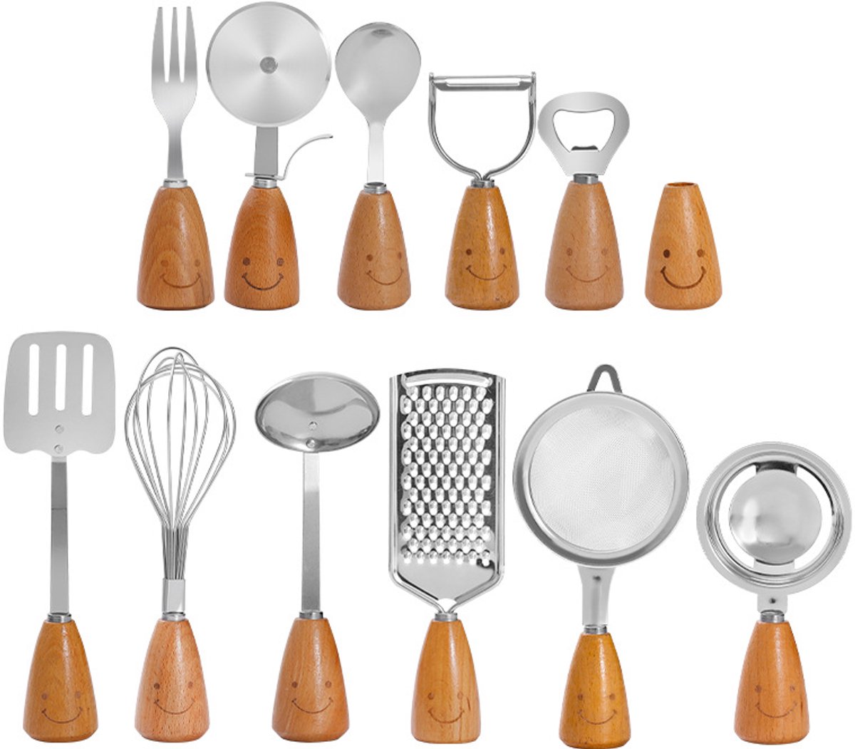 Kitchen Utensil Set - 12 Piece - Includes a peeler, egg separator, spoon, fork, pizza cutter, bottle opener, spatula, slotted spoon, grater, soup ladle, whisk