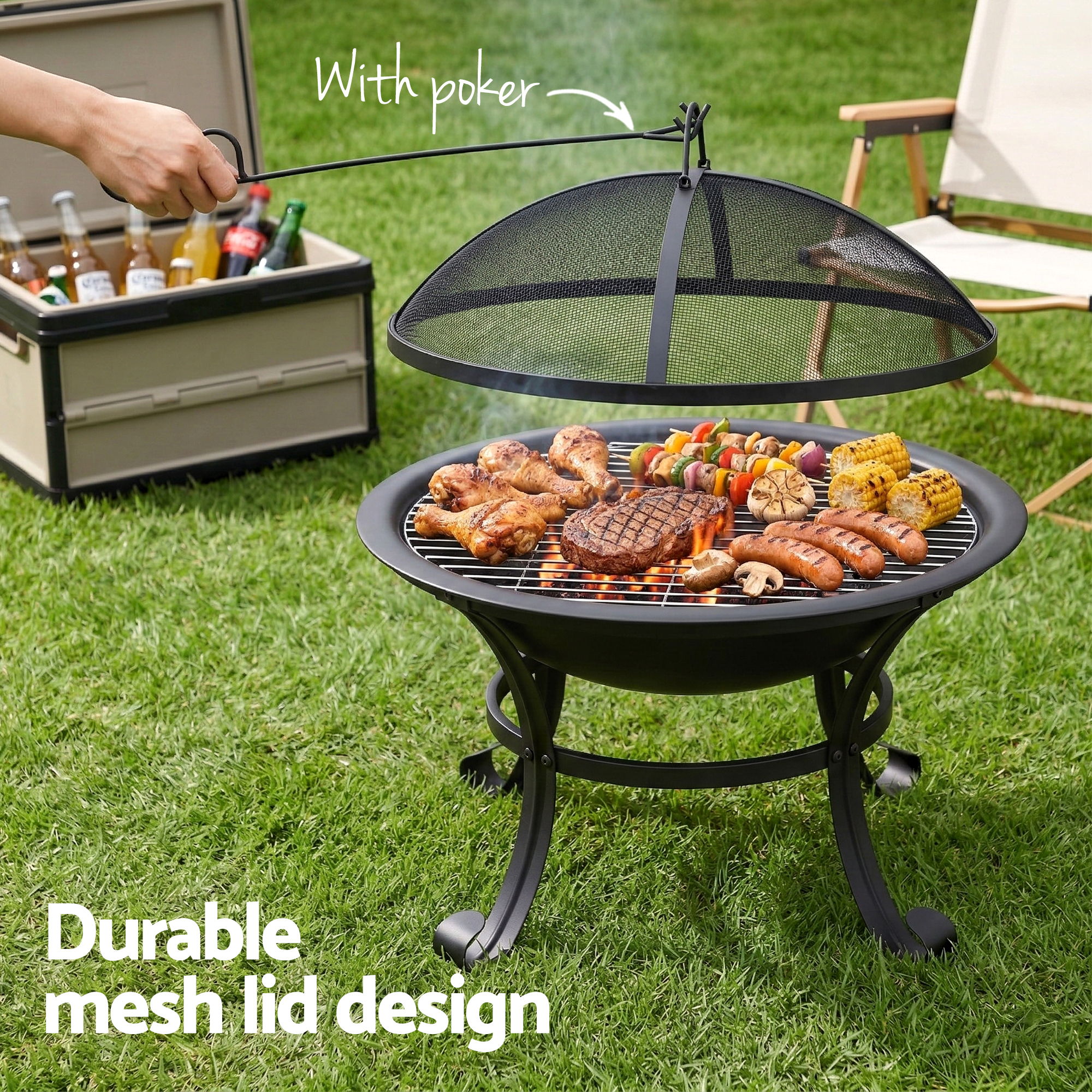 Grillz Fire Pit with Mesh Lid and Fire Picker BBQ Grill Wood Burning Outdoor Camping โ image 5