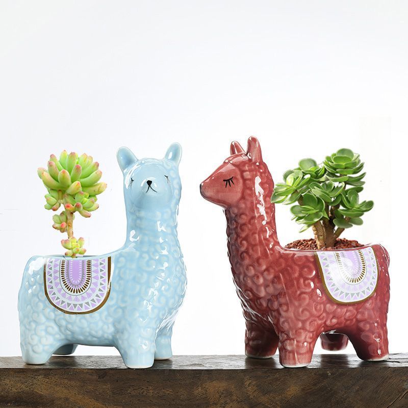 Blue Ceramic Planter with Head Tilted Alpaca — image 5