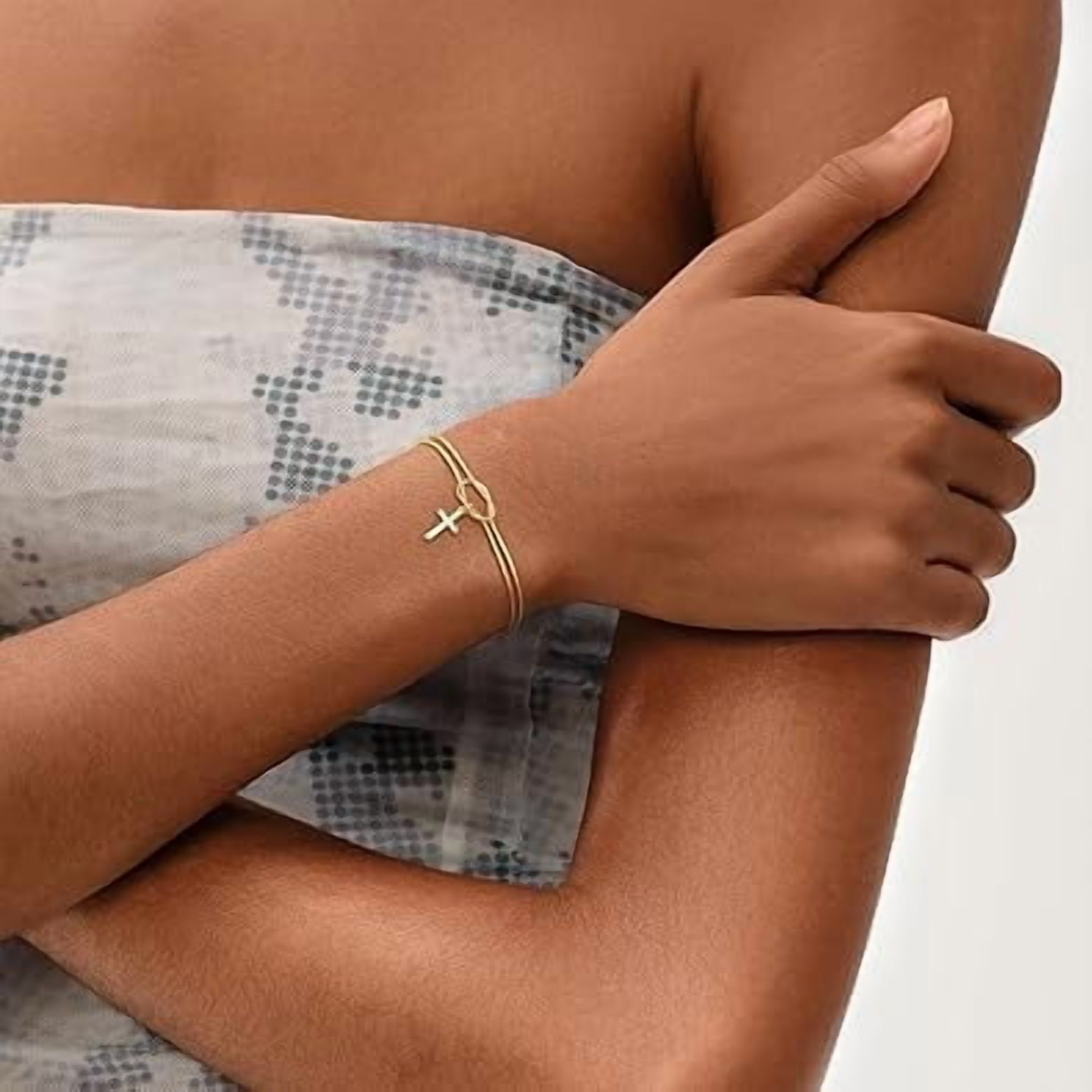 Cross Bracelet for Women, Dainty 14K Gold Plated or Silver Plated Pearl Knot Chain Religious Charm Jewelry — image 3