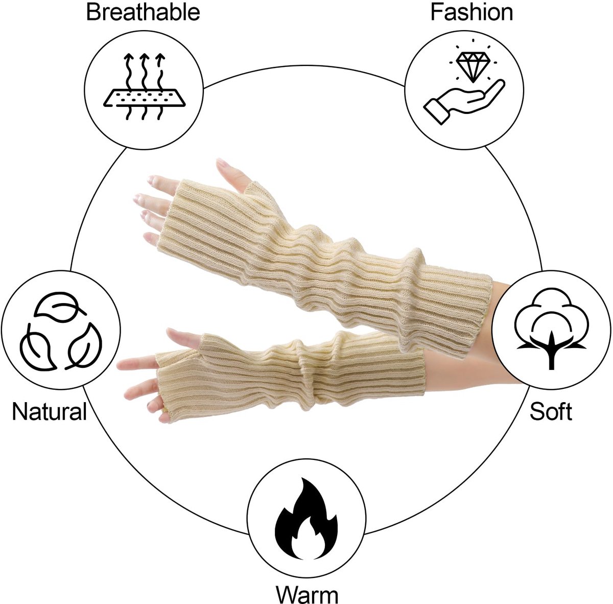 Arm Sleeves - Women's Long Fingerless - Knitted Y2K Arm Sleeves - (Beige) — image 3