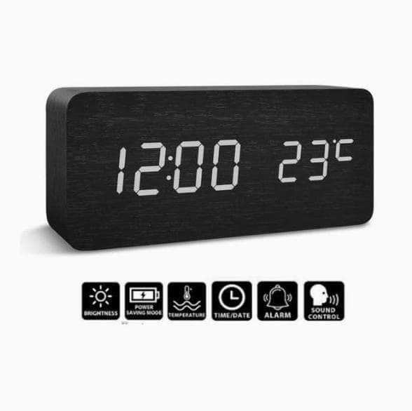 Brown Digital LED Alarm Clock with USB Charger, 12/24h LCD Display, Silent Wooden Design for Bedrooms and Travel — image 3