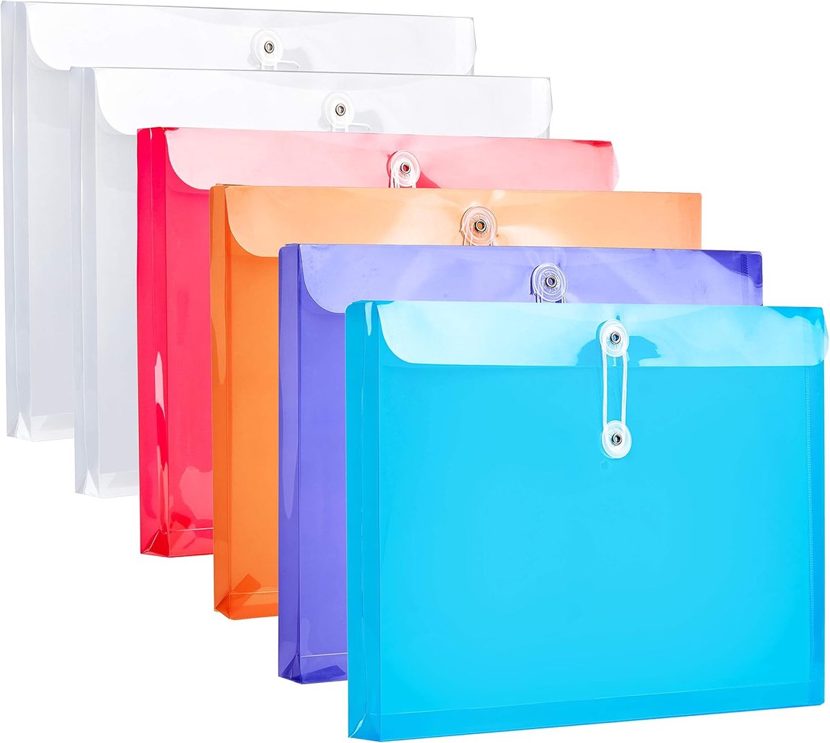 10 pieces plastic letter-sized envelopes with random color button and drawstring closure, 1-1/6" expansion, side loader, reusable transparent folder, project
