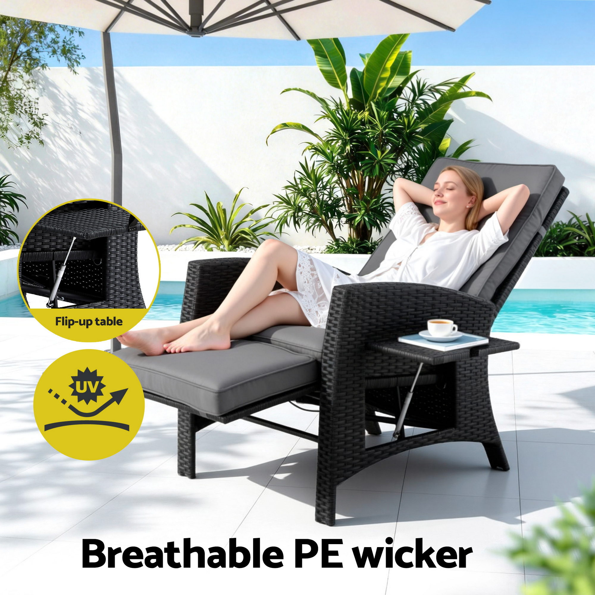 Gardeon Outdoor Recliner Chairs Sun lounge Wicker Lounger Patio Furniture Adjustable Black — image 4