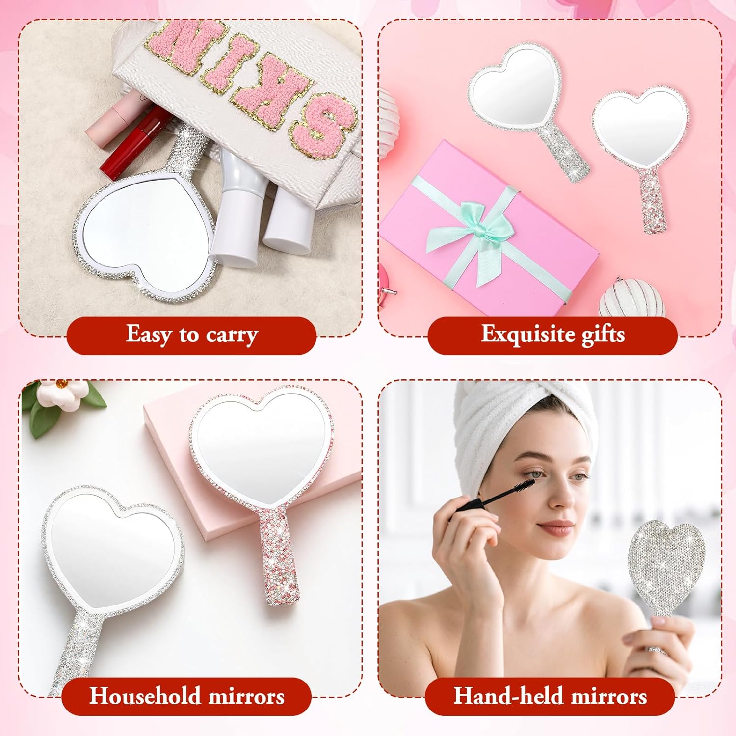 Vin Beauty 2 Pcs Rhinestone Heart Handheld Mirror White and Pink Bling Heart Shape Mirror Portable Cute Handheld Mirrors Travel Makeup Lash Mirrors for Eyelash โ image 3