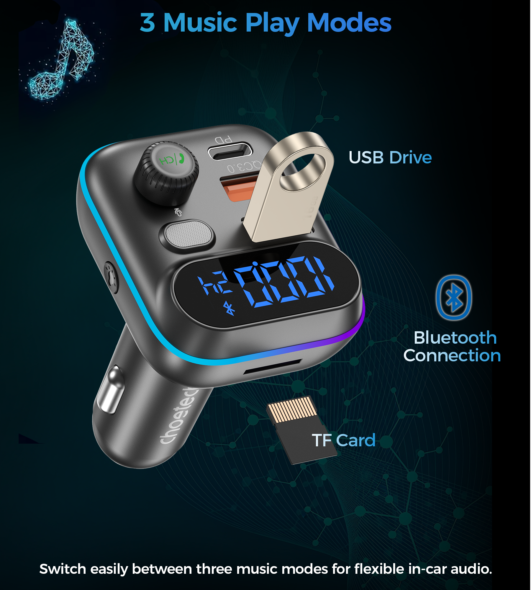 Choetech TC0050 PD36W Bluetooth FM Car Transmitter Charger — image 4