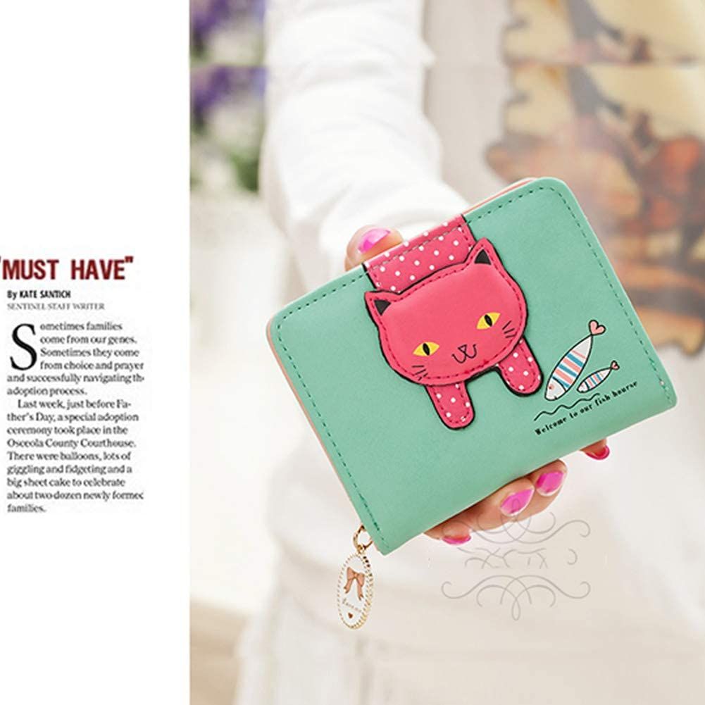 Girls,Faux Leather Wallet Cute Cat Wallet Cat Pattern Purse Coin Holder Card Organizer,Bifold,Spacious(Green) — image 2