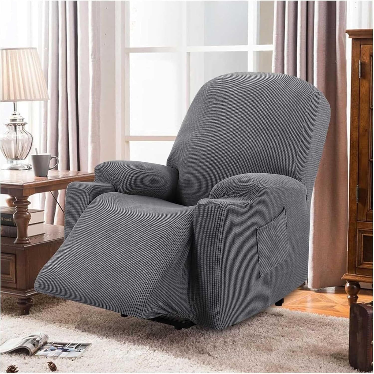 Recliner Slipcover High Stretch Soft Jacquard Fabric with Side Pocket for Standard Power Lift Recliner Chair Gray, Letter D Option โ image 6
