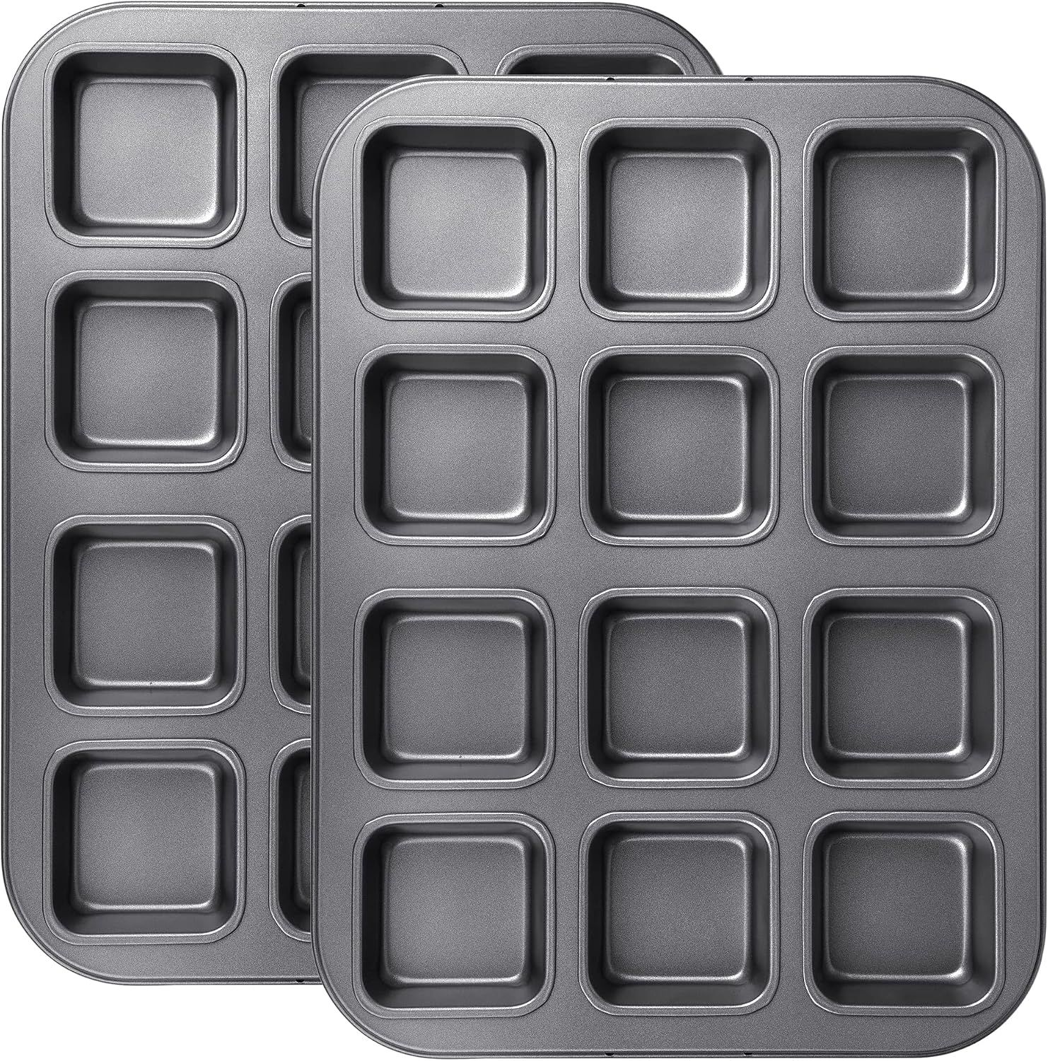 2 Pack 12 Cavity Brownie and Muffin Pans, Non Stick Carbon Steel Bakeware for Mini Cakes, Brownies, Bread and Desserts, Grey