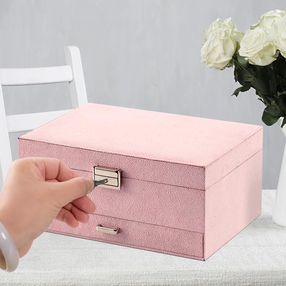 3-Layer Velvet Jewellery Box with Lock, Large Storage Organiser with Drawers and Compartments for Rings and Watches, Pink โ image 4