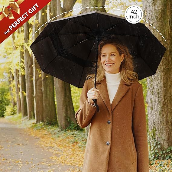 Red Automatic Windproof Travel Umbrella Compact Folding Umbrella Auto Open and Close with Vented Double Canopy for Rain and Sun — image 2